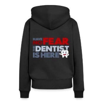 Der Zahnarzt ist hier - Frauen Premium Bio Hoodie - Schwarz - Hinten - Julia (174cm)