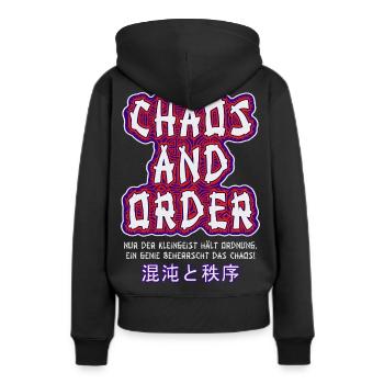 Chaos & Order / Chaos & Ordnung - Frauen Premium Bio Hoodie - Schwarz - Hinten - Julia (174cm)