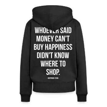 Wo kann man einkaufen? - Frauen Premium Bio Hoodie - Schwarz - Hinten - Julia (174cm)