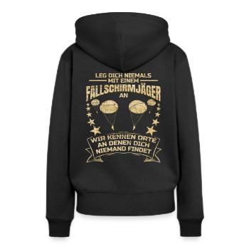 Ne jamais plaisanter avec un parachutiste - Sweat à capuche Premium bio Femme - noir - Dos - Julia (174cm)