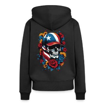 Patriotischer Totenkopf mit Blumendesign - Frauen Premium Bio Hoodie - Schwarz - Hinten - Julia (174cm)