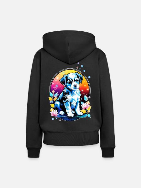 Niedlicher Welpe mit Lotusblüten - Frauen Premium Bio Hoodie - Schwarz