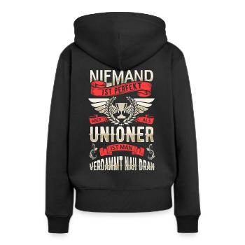 Niemand ist perfekt aber Unioner sind nah dran - Frauen Premium Bio Hoodie - Schwarz - Hinten - Julia (174cm)