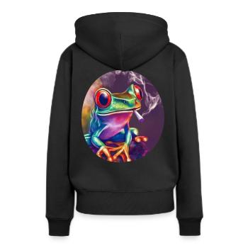 Stoned Frosch: Cannabis, Kiffen, Quak & Trippy - Frauen Premium Bio Hoodie - Schwarz - Hinten - Julia (174cm)