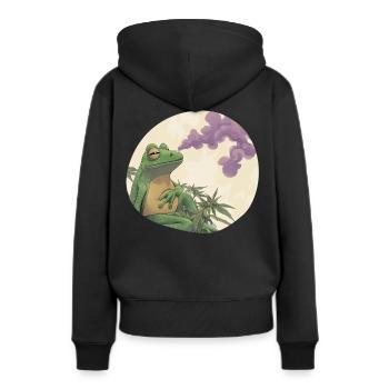 Weed‑rauchender Froschkönig: Stoned Quak - Frauen Premium Bio Hoodie - Schwarz - Hinten - Julia (174cm)