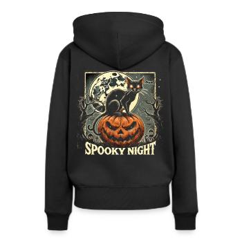 Halloween - „Gespenstische Kürbisnacht" - Frauen Premium Bio Hoodie - Schwarz - Hinten - Julia (174cm)