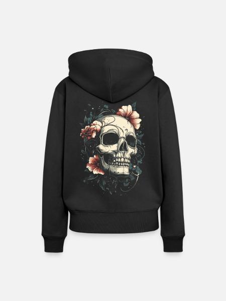 Schädel mit Blumen Tattoo-Stil - Frauen Premium Bio Hoodie - Schwarz