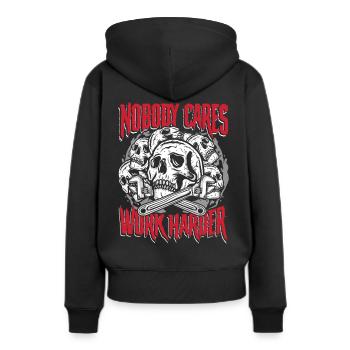 Niemand kümmert sich darum, härter zu arbeiten | Basteln und reparieren Sie das Leck - Frauen Premium Bio Hoodie - Schwarz - Hinten - Julia (174cm)