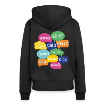 Conception colorée de bulle de discours "Bonjour", de nombreuses langues - Sweat à capuche Premium bio Femme - noir - Dos - Julia (174cm)