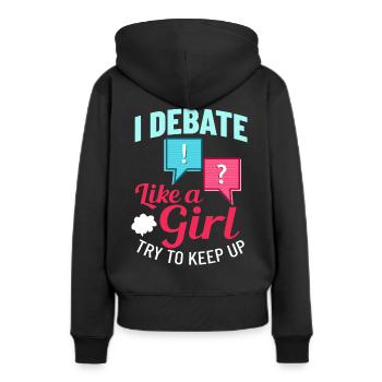 Débat Discussion politique Débat Argument - Sweat à capuche Premium bio Femme - noir - Dos - Julia (174cm)