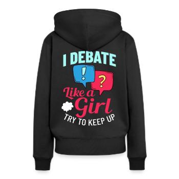 Débat Discussion politique Débat Argument - Sweat à capuche Premium bio Femme - noir - Dos - Julia (174cm)
