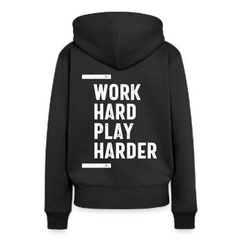 Work Hard Play Harder - Cadeau de motivation - Sweat à capuche Premium bio Femme - noir - Dos - Julia (174cm)