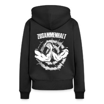 zusammenhalt in Weiss mit Bizeps - Frauen Premium Bio Hoodie - Schwarz - Hinten - Julia (174cm)