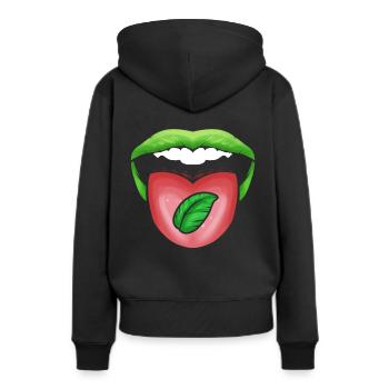 Lèvres vertes de la bouche avec feuille sur la langue, allez - Sweat à capuche Premium bio Femme - noir - Dos - Julia (174cm)