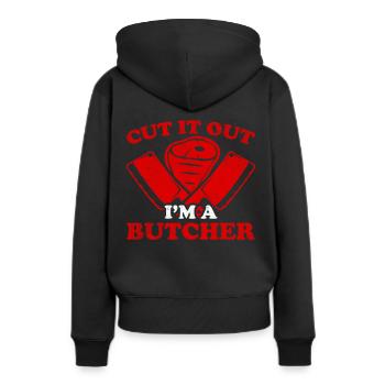 Boucherie, boucherie, boucherie, boucherie - Sweat à capuche Premium bio Femme - noir - Dos - Julia (174cm)