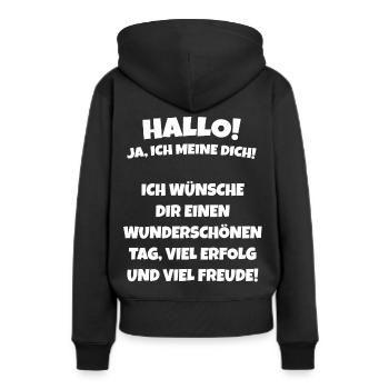 Motivation. Spruch Person hinter mir. Viel Glück. - Frauen Premium Bio Hoodie - Schwarz - Hinten - Julia (174cm)