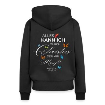 Alles kann ich durch Christus, der mir Kraft.... - Frauen Premium Bio Hoodie - Schwarz - Hinten - Julia (174cm)