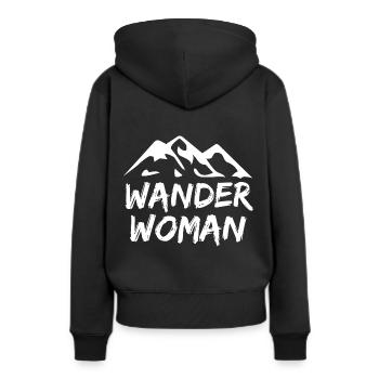 Wander Woman Berg Hiking Spruch - Frauen Premium Bio Hoodie - Schwarz - Hinten - Julia (174cm)
