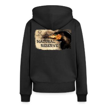 Serie "NATURSCHUTZGEBIET" - Kormoran - Frauen Premium Bio Hoodie - Schwarz - Hinten - Julia (174cm)