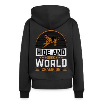 Versteck-Weltmeister - Frauen Premium Bio Hoodie - Schwarz - Hinten - Julia (174cm)