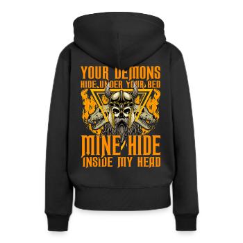 Deine Dämonen verstecken sich unter deinem Bett, mein Versteck im Inneren - Frauen Premium Bio Hoodie - Schwarz - Hinten - Julia (174cm)