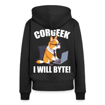 Corgi avec des lunettes I Will Byte ordinateur geek Corgeek - Sweat à capuche Premium bio Femme - noir - Dos - Julia (174cm)
