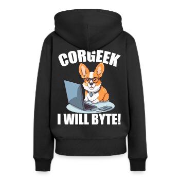 Corgi avec des lunettes I Will Byte ordinateur geek Corgeek - Sweat à capuche Premium bio Femme - noir - Dos - Julia (174cm)