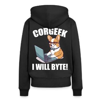 Corgi avec des lunettes I Will Byte ordinateur geek Corgeek - Sweat à capuche Premium bio Femme - noir - Dos - Julia (174cm)