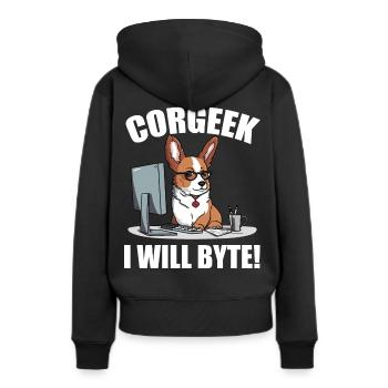 Corgi avec des lunettes I Will Byte ordinateur geek Corgeek - Sweat à capuche Premium bio Femme - noir - Dos - Julia (174cm)