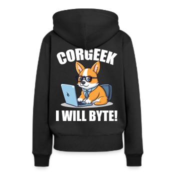 Corgi avec des lunettes I Will Byte ordinateur geek Corgeek - Sweat à capuche Premium bio Femme - noir - Dos - Julia (174cm)