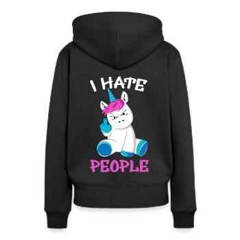 Licorne je déteste les gens doigts puants - Sweat à capuche Premium bio Femme - noir - Dos - Julia (174cm)
