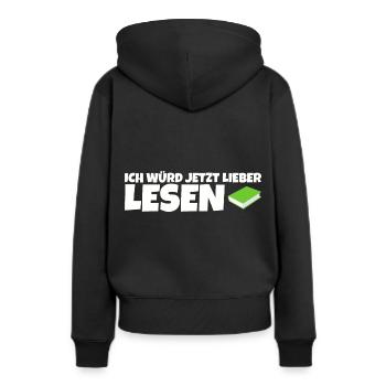 Ich würd jetzt lieber lesen - Frauen Premium Bio Hoodie - Schwarz - Hinten - Julia (174cm)