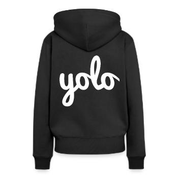 Yolo - Frauen Premium Bio Hoodie - Schwarz - Hinten - Julia (174cm)