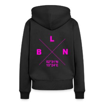 Berlin coordonne le design BLN Gift Heimat Kiez - Sweat à capuche Premium bio Femme - noir - Dos - Julia (174cm)