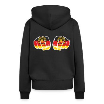 DDR Faust Ostalgie - Frauen Premium Bio Hoodie - Schwarz - Hinten - Julia (174cm)