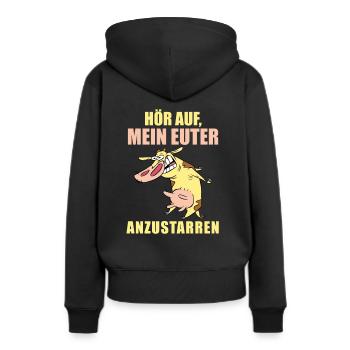 Lustige Sprüche, Kuh Cow Kühe Hör auf mein Euter - Frauen Premium Bio Hoodie - Schwarz - Hinten - Julia (174cm)