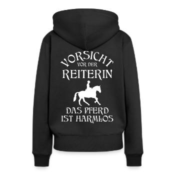 Vorsicht vor der Reiterin das Pferd ist Harmlos - Frauen Premium Bio Hoodie - Schwarz - Hinten - Julia (174cm)