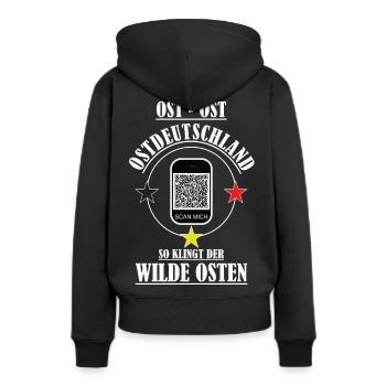 Geschenk für Ossis (mit funktionsfähigen QR-Code) - Frauen Premium Bio Hoodie - Schwarz - Hinten - Julia (174cm)