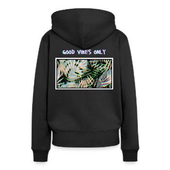 Good Vibes - Frauen Premium Bio Hoodie - Schwarz - Hinten - Julia (174cm)