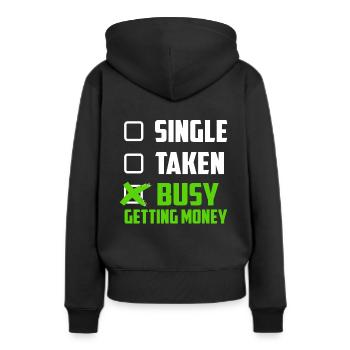 Geldgeil - Frauen Premium Bio Hoodie - Schwarz - Hinten - Julia (174cm)