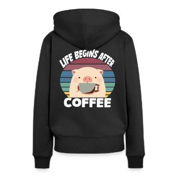 Life begins after coffee, erst Kaffee - Schwein - Frauen Premium Bio Hoodie - Schwarz - Hinten - Julia (174cm)
