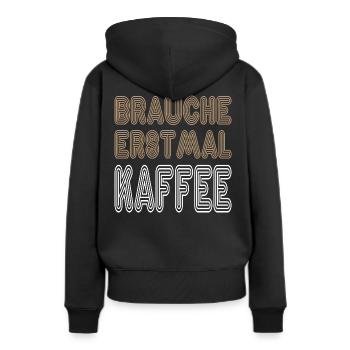 Brauche erstmal Kaffee, weiss brraun retro - Frauen Premium Bio Hoodie - Schwarz - Hinten - Julia (174cm)