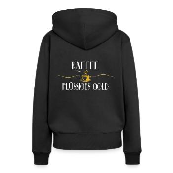 Kaffee - flüssiges Gold, golden weiss - Frauen Premium Bio Hoodie - Schwarz - Hinten - Julia (174cm)