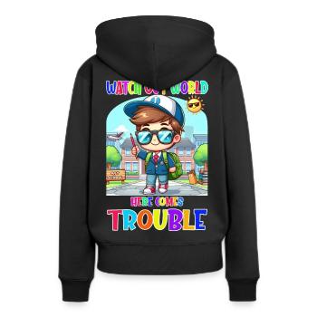 Attention monde - voici les ennuis - Sweat à capuche Premium bio Femme - noir - Dos - Julia (174cm)