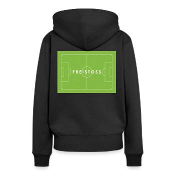 FREISTOSS - Fußball Statement - Frauen Premium Bio Hoodie - Schwarz - Hinten - Julia (174cm)
