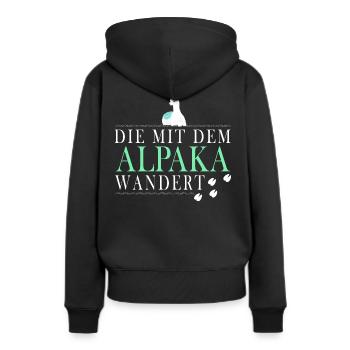 Die mit dem Alpaka wandert - Frauen Premium Bio Hoodie - Schwarz - Hinten - Julia (174cm)