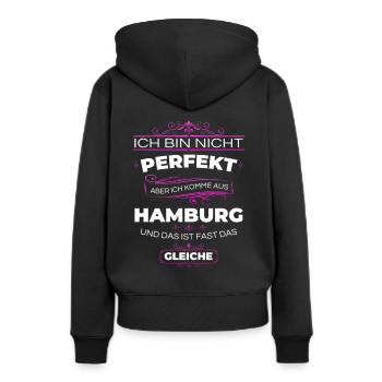 Hamburger - Nicht perfekt, aber aus Hamburg - Frauen Premium Bio Hoodie - Schwarz - Hinten - Julia (174cm)