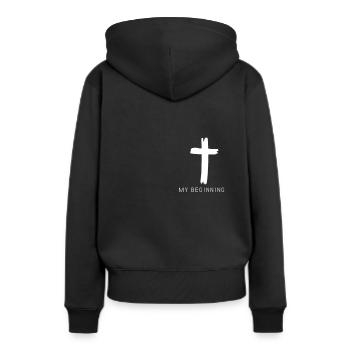 "Mein Anfang religiöses christliches bescheidenes Kreuz - Frauen Premium Bio Hoodie - Schwarz - Hinten - Julia (174cm)