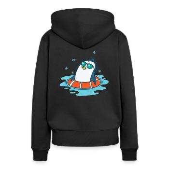 Pinguin beim Baden mit Schwimmreifen - Frauen Premium Bio Hoodie - Schwarz - Hinten - Julia (174cm)