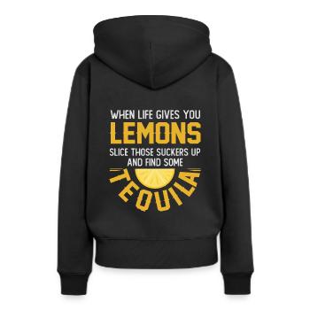 Tequila Trinkspruch - Frauen Premium Bio Hoodie - Schwarz - Hinten - Julia (174cm)